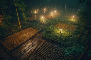 Drone view bamboo garden in the rain, forest, rain, wood. Generative AI