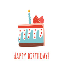 Cute happy birthday card with piece of cake and candles. Vector illustration
