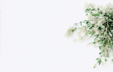 Styled stock photo. Feminine wedding desktop mockup with baby's breath Gypsophila flowers, dry green eucalyptus leaves, satin ribbon and white background. Empty space. Top view.  Generative AI - obrazy, fototapety, plakaty