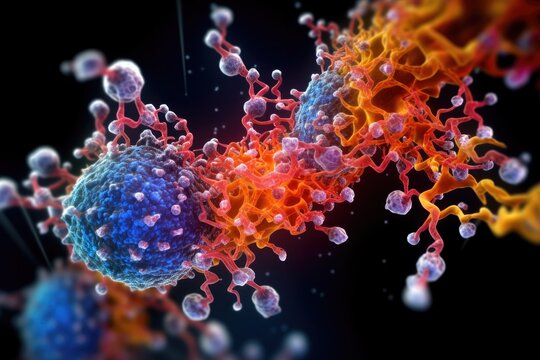 Artistic rendering of RNA proteins attacking cancer cells - AI Generated