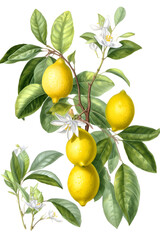 Illustration of ripe lemons on a branch with citrus flowers, Generative AI 1