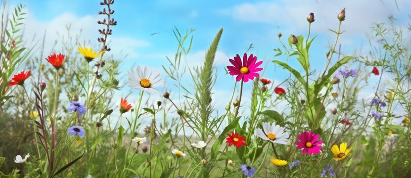 Panoramic view of spring wild flowers in a meadow - AI Generated
