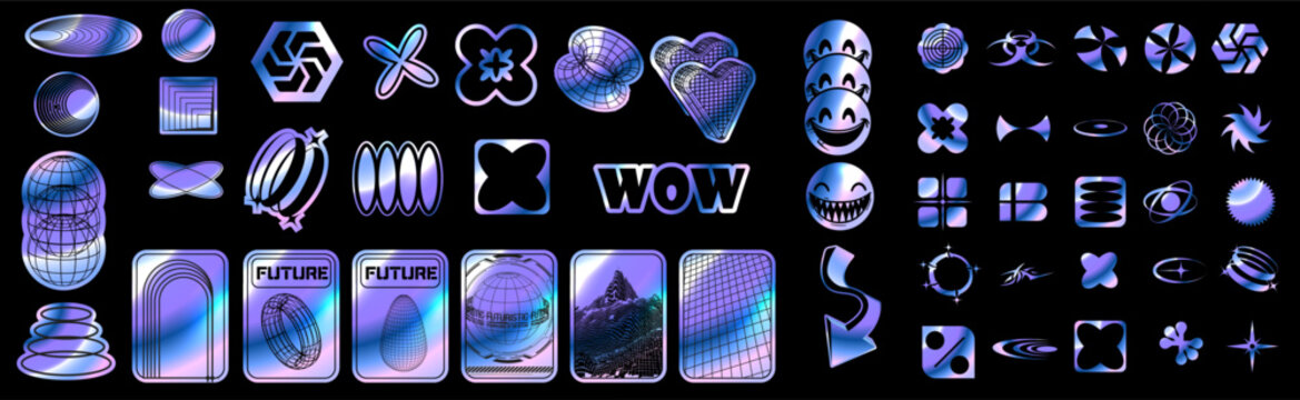 Set of holographic retro futuristic stickers. Vintage holographic y2k styled sticker and graphic elements and symbols. Cyberpunk high-quality sticker design. Vector illustration