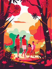 Happy family walking in park. Poster in retro style. Vector illustration