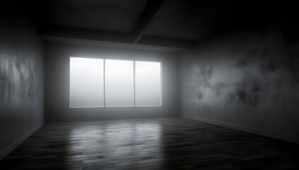 black photograph of an empty, dark room. generative AI