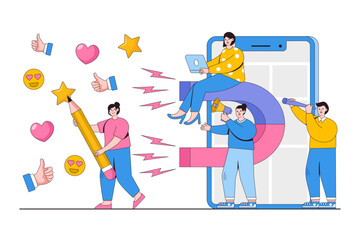 Vector illustration of big magnet attracts likes, good reviews, rating with people characters and mobile phone