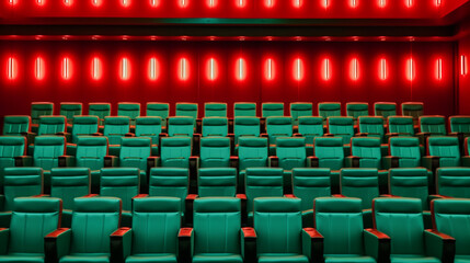 Empty modern cinema with rows of seats. Green chairs and red lights on walls. Generative AI