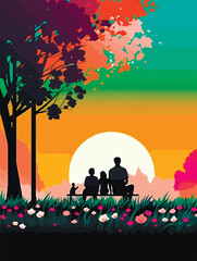 Naklejka premium Happy family walking in park. Poster in retro style. Vector illustration