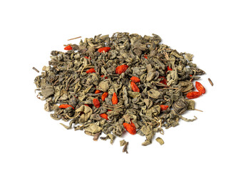 Green Tea Leaves Mix Isolated, Dry Fresh Herbal Tea Pile, Healthy Drink Ingredient, Green Tea Leaves on White