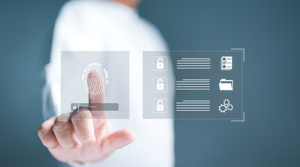 User authentication system with username and password by fingerscan, cybersecurity concept, Internet secure  access, Technology and cyber crime. Computer Information system security and encryption. © RerF