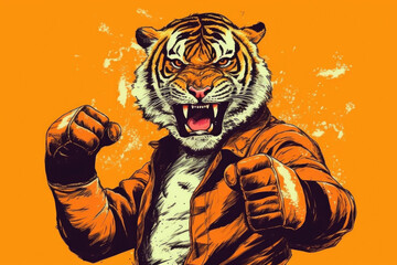 Fierce Tiger Fighter: A Drawing of a Tiger in orange Boxing Gloves, Ready to Take on the Ring on a orange background. Generative AI