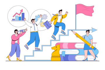Naklejka premium Vector illustration of businessman running up the stairs to the goal, teamwork, career planning and career development