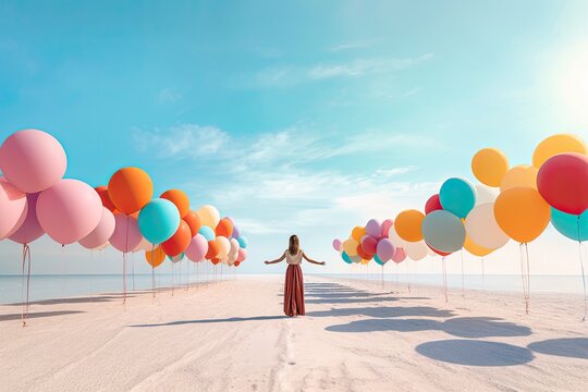 delicate illustration of a woman holding multiple balloons at the beach, in an ideal contemporary style to represent summer. Generative AI