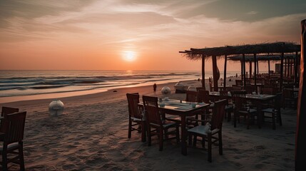 Fototapeta na wymiar Summer Sunset at the Beach-Side Eatery - the Perfect Vacation Destination, Generative AI