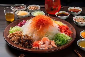 Prosperity and Freshness Abound: Enjoying Traditional Chinese Ye Sang on Chinese New Year with a Variety of Sauces and Condiments, Generative AI