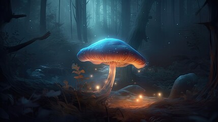 Fototapeta premium Mystical, Glowing Mushroom Amid Enchanting Dark Forest: A Nature Fantasy Illustration, Generative AI