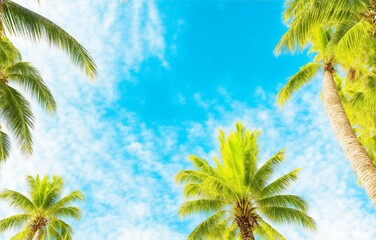 Blue sky and palm trees view from below, vintage style, tropical beach and summer background, travel concept, generative ai