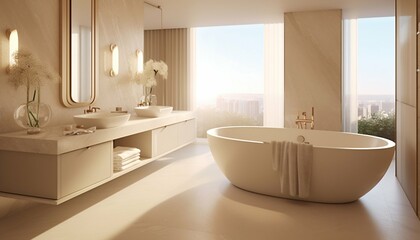 Naklejka na ściany i meble Sleek Light Grey Marble Bathroom with LED Lighting and Freestanding Tub. Generative ai