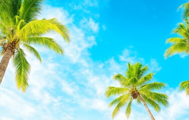 Blue sky and palm trees view from below, vintage style, tropical beach and summer background, travel concept, generative ai