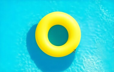 yellow swimming pool ring float in blue water top down view. concept color summer, generative ai - obrazy, fototapety, plakaty
