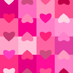 Seamless checkered box pattern with pink and red colors of the hearts. Abstract geometric background. Pink hearts, valentine's day, mother, girl , woman, sweet, wedding, couple, propose concepts.