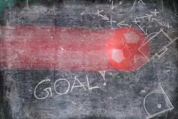 Gordijnen soccer and football concept, with blurred flying soccer ball and chalkboard with soccer tactics scribble, free copy space © Kirsten Hinte