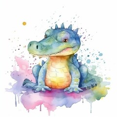 Watercolor cute Crocodile in the swamp illustration With Generative AI technology