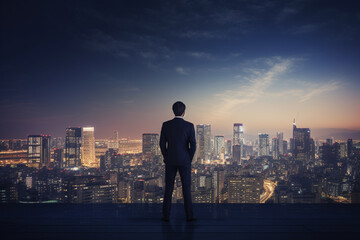 Fototapeta na wymiar Business man with suit standing in grace pose and looking to dark cityscape background during night or late evening. Successful businessman concept. Generative AI