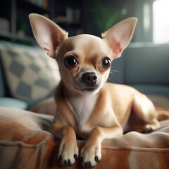 Chihuahua dog sits on the bed in the room. Generative ai.