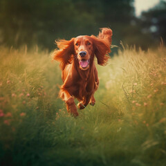 Irish Setter dog breed runs in the field. Generative ai. - obrazy, fototapety, plakaty