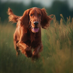 Irish Setter dog breed runs in the field. Generative ai.