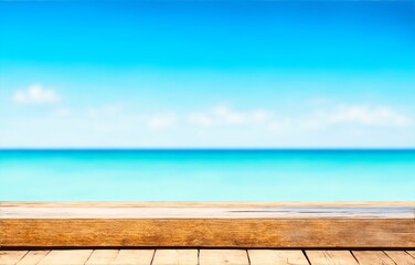 Fototapeta premium Wood table top on blur sparkling sea water and summer sky background, generative ai