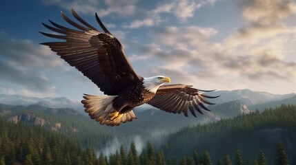 Naklejka na ściany i meble Bald eagle flying in sky. Generative AI