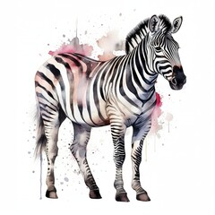 Fototapeta na wymiar Watercolor full body baby zebra with white background With Generative AI technology