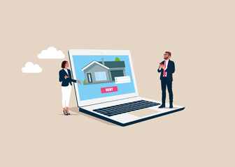 Computer with rent home app. Family standing near. Buy real estate and pay credit to bank. Modern vector illustration in flat style