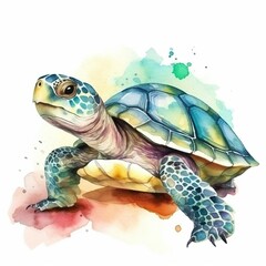 Watercolor illustration of a colorful turtle. Abstract drawing with paint splashes of a pretty turtle in aquarelle style With Generative AI technology