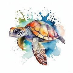 Watercolor illustration of a colorful turtle. Abstract drawing with paint splashes of a pretty turtle in aquarelle style With Generative AI technology