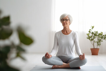 Fit old lady enjoying her yoga, workout. clean modern room. Health care.  Generative AI