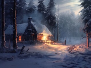 House in the woods, winter night with dense snow, blockhouse in the forest with lights. Romantic season setting. Generative AI.