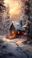 House in the woods, winter night with dense snow, blockhouse in the forest with lights. Romantic season setting. Generative AI.