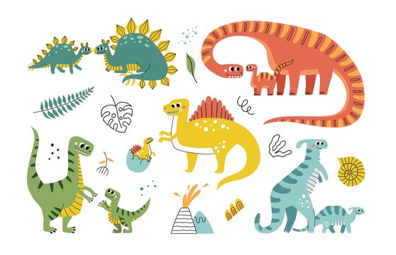 Cute dino parents with children. Cartoon dragon babies and moms, tropical reptiles, dinosaurs characters, kids with mothers, vector set