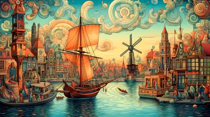 Fotobehang Illustration of a beautiful city view on the river © proslgn