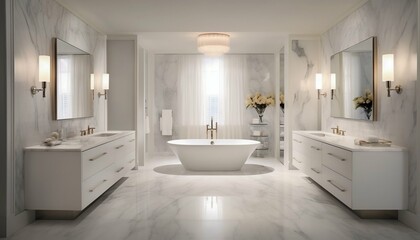 Sleek Light Grey Marble Bathroom with LED Lighting and Freestanding Tub. Generative ai