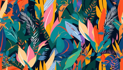 Abstract trendy exotic floral jungle pattern. Collage contemporary seamless pattern. Hand drawn cartoon style pattern