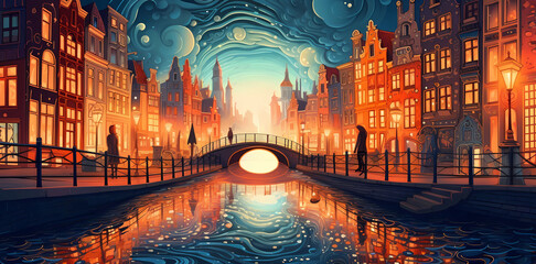 Obraz premium Illustration of a beautiful city view on the river