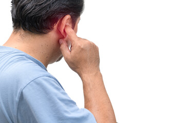 Man with earache is holding his aching ear body pain or man  touch ear closed it with finger hurt...