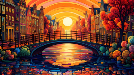 Obraz premium Illustration of a beautiful city view on the river