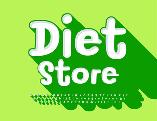 Fototapeta premium Vector healthy concept Diet Store. Handwritten 3D Font. Creative style White and Green Alphabet Letters, Numbers and Symbols set