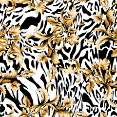 Seamless gold baroque with zebra texture, luxury gold pattern.