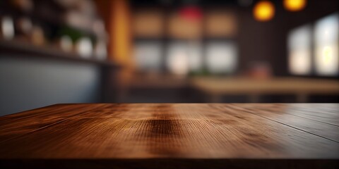 Obraz na płótnie Canvas Wooden tabletop with blurred background for display or montage. Free space wood table top. AI generated image